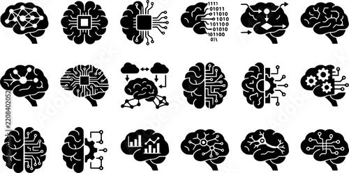 Machine Learning Brain & Circuit Silhouette Icon Set. Collection of tech & science silhouettes, including machine learning brain & circuit, detailed AI and data shapes, and more.