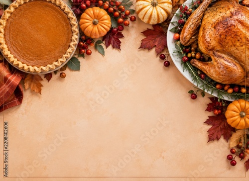 Thanksgiving Dinner With Turkey, Pumpkin Pie, and Autumn Decorations