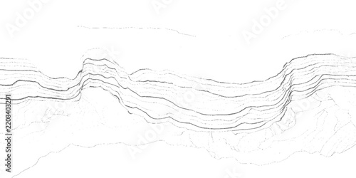 Flowing topographic contour lines forming wavy layers, minimalist black line art on white, abstract terrain pattern, clean and organic style. Abstract layered rock formation in horizontal bands.