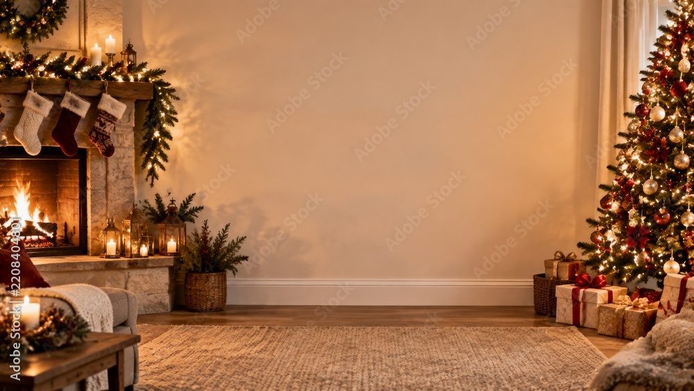 Obraz premium Cozy Living Room Decorated for Christmas With a Tree and Fireplace