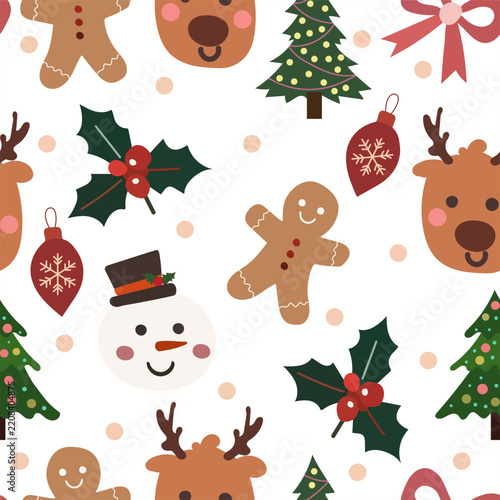 Seamless Christmas vector pattern with gift boxes, snowmen, Christmas trees, festive bows and holiday ornaments on a light background. Perfect for wrapping paper, textiles, packaging, stationery