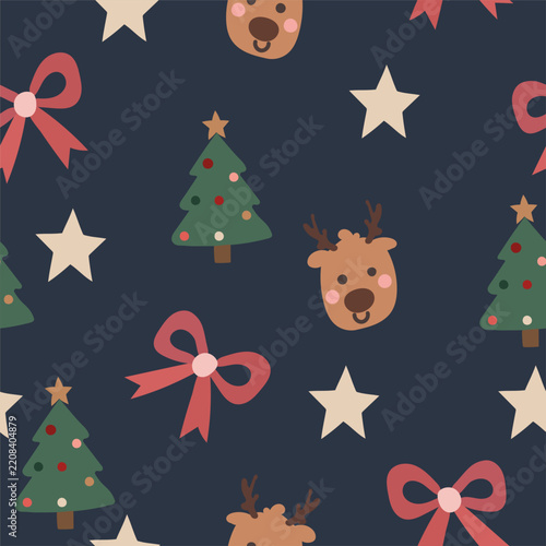 Seamless Christmas vector pattern with Christmas trees, reindeer, stars and festive bows on a dark background. Perfect for holiday wrapping paper, textiles, packaging, stationery and seasonal products