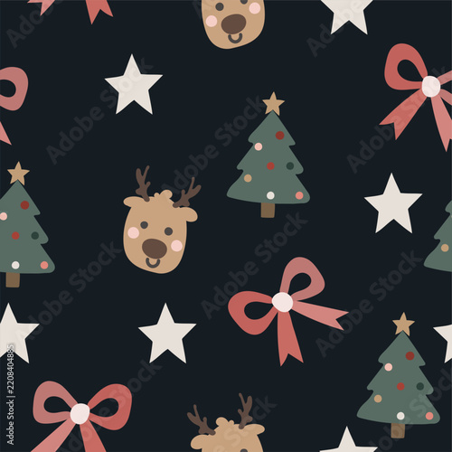 Seamless Christmas vector pattern with Christmas trees, reindeer, stars and festive bows on a dark background. Perfect for holiday wrapping paper, textiles, packaging, stationery and seasonal products