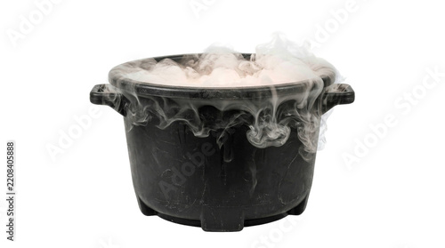 Black plastic cauldron filled with swirling dry ice fog isolated on a clean white background