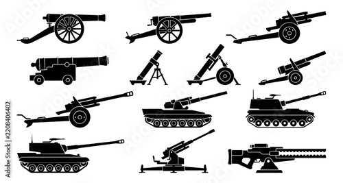 Картината върху платно Black silhouettes of various artillery pieces and tanks on a white background ca