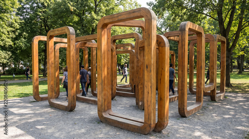 Wooden arch labyrinth sculpture installation in public city park with walking people. Concept of maze, art installation, public art, wooden frames, modern sculpture, outdoor art, architecture.
