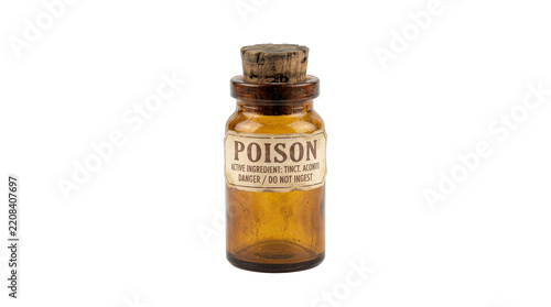 Vintage amber glass poison bottle with a cork stopper isolated on a clean white background