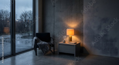 Single Small Table Lamp Glowing Warmly in a Cool Gray Minimal Room, Cozy Light and Contrast Interior Concept