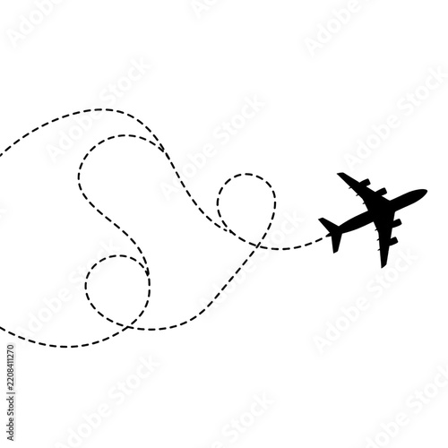 Airplane silhouette following a dotted flight path line as PNG asset