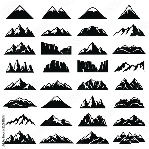 Collection of various mountain peak silhouette icons as PNG asset