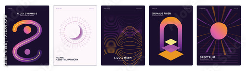 Abstract Geometric Poster Set with Gradient Fluid Shapes and Retro Futuristic Neon Cyberpunk Aesthetics