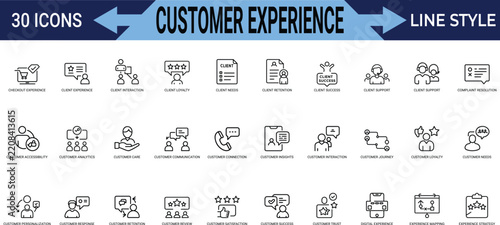 Customer experience outline icons including feedback journey and support service symbols.