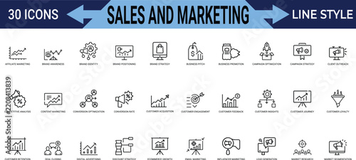 Sales and marketing line icon set for brand strategy and customer engagement business.