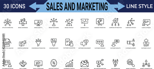 Sales and marketing line icon set for brand strategy and campaign optimization business.