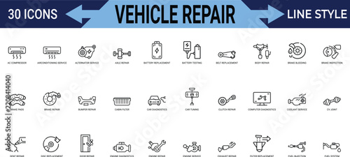 Vehicle repair line icon set for car maintenance service diagnostics parts replacement.
