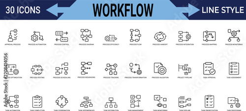 Workflow line icon set for business process management automation control planning.