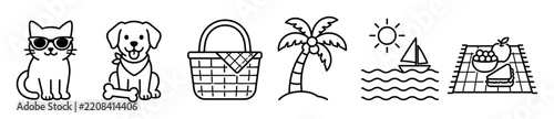 Summer picnic line icons featuring cute pets, a picnic basket, palm tree, sailboat on ocean waves, and outdoor food blanket for seasonal holiday travel