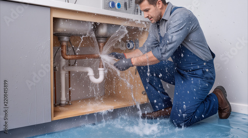 Plumber repairing leaking pipe under kitchen sink. Handyman fixing water burst and flooding in residential house.