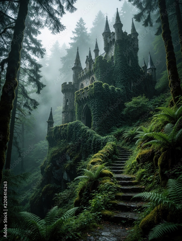 Obraz premium Ancient stone castle covered in green ivy stands in misty forest. Old ruin sits on rocky cliff surrounded by rich ferns, tall trees. Foggy landscape creates enchanted fairy tale mood near stone stpic