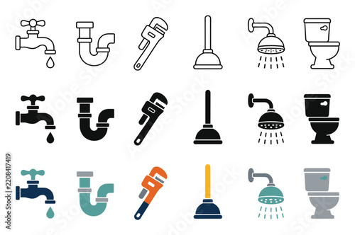 Plumbing icons set with faucet pipe wrench plunger shower head and toilet bowl in outline silhouette and color styles for bathroom repair service design