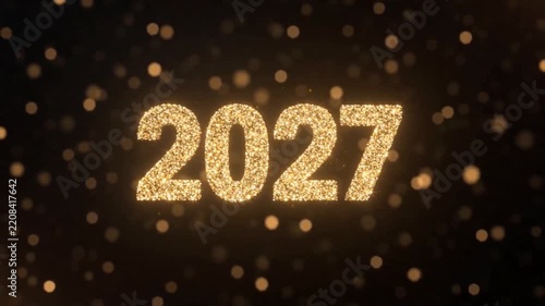 Happy New Year 2027 Sparkling golden lights dance in dark space creating swirling patterns during a creative art display