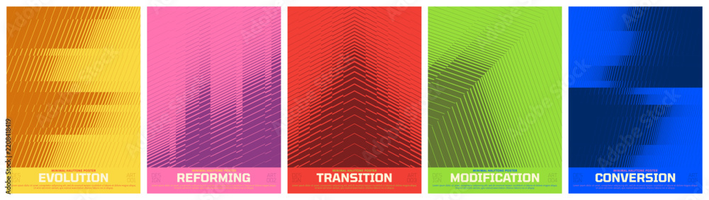 Obraz premium Abstract vector poster set with linear gradients and geometric distortion patterns, Brutalism kinetic halftone artwork visual transformation and dynamic motion ornament with transition effect kit 2