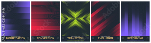 Abstract vector poster set with linear gradients and geometric distortion patterns, Brutalism kinetic halftone artwork visual transformation and dynamic motion ornament with transition effect