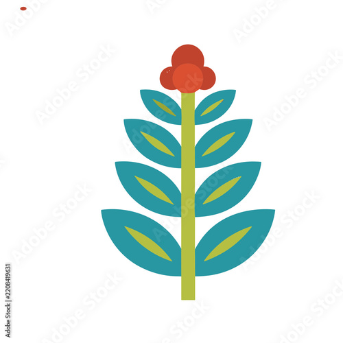 Stylized plant with red flower and teal leaves