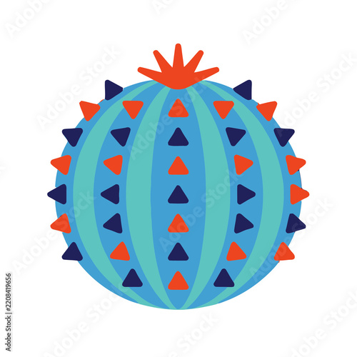 Stylized round cactus with orange bloom and triangular spikes
