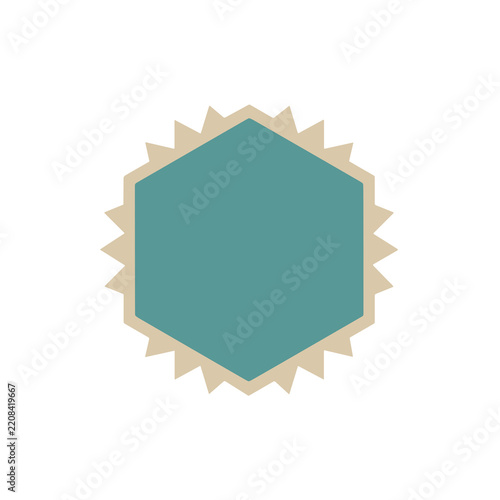 Teal hexagon badge with jagged beige border