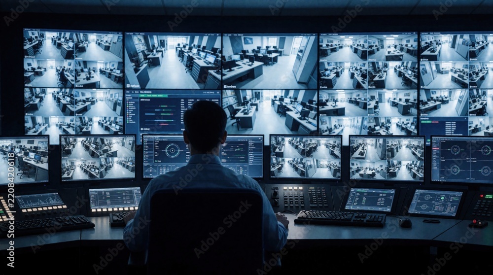 Fototapeta premium Pro technician works in dark control room with many digital screens. Male operator monitors security camera feeds, data on large monitor wall. Expert manages complex surveillance system, network