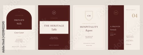 Vintage style oxblood and champagne cover layout collection for book, report, proposal and letter