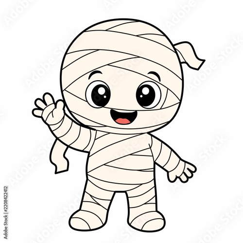 Cute Halloween mummy mascot character wrapped in bandages, smiling and waving with a playful cartoon vector design