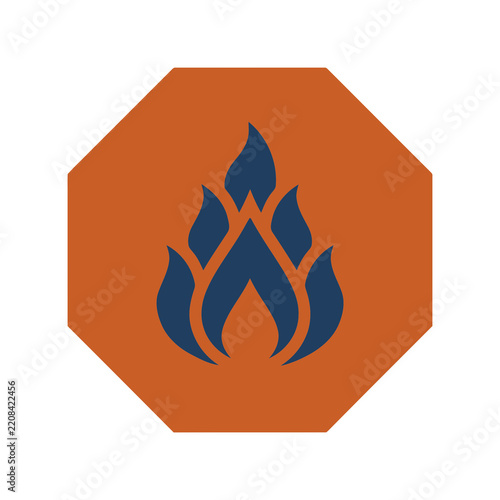 Stylized blue flame icon on orange octagon