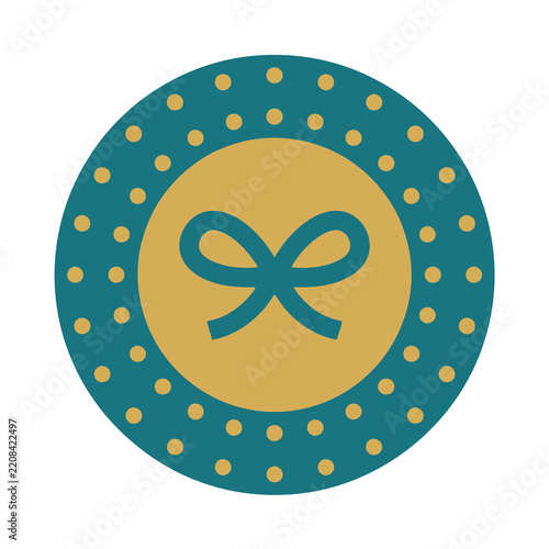 Teal circle with yellow dots and blue bow