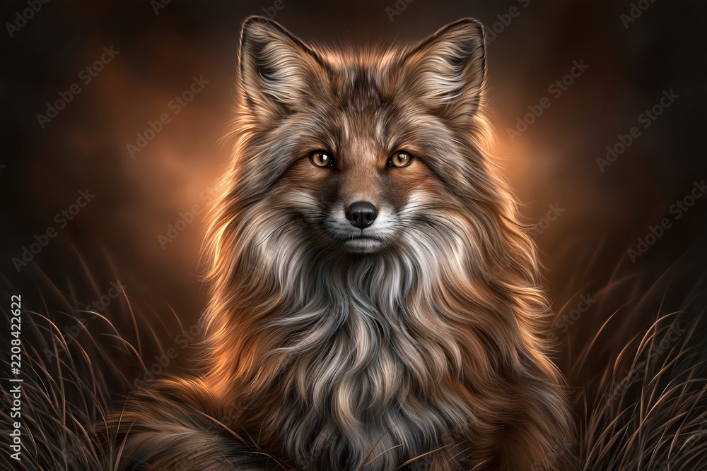 Obraz premium Majestic red fox portrait in warm golden hour light with dark background