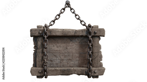 Rustic wooden signboard, blank weathered wood plaque with heavy metal chain, vintage hanging signage for shop, restaurant, farmhouse and outdoor decoration