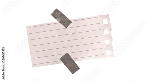 Blank lined paper ticket label, white rectangular tag with punched holes and tape details, editable stationery element for notes, labels, packaging and creative design
