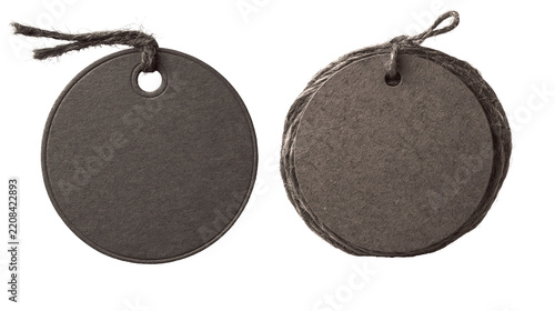 Vintage round kraft paper tags, dark brown circular hanging labels with twine, rustic product tags for handmade crafts, packaging, branding and retail design