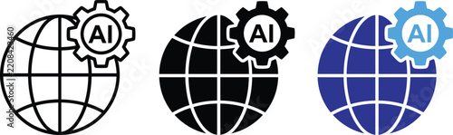 Artificial intelligence global network technology vector line art icons illustration set flat design