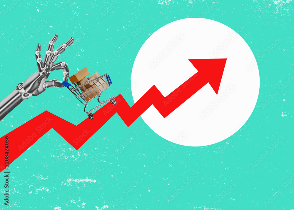 Obraz premium White robot hand – a cyber bot holding a shopping cart with its fingers. Isolated on a plain, flat-design background. Commerce trend chart.
