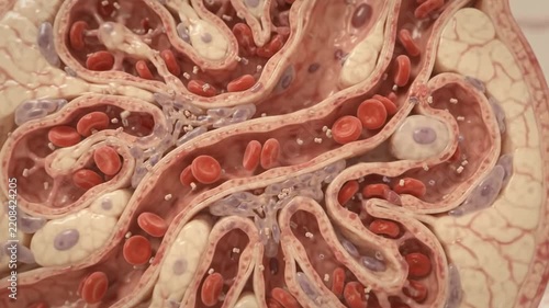Kidney glomerulus cross-section animation showing blood flow and filtration process in detail