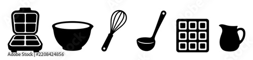 Waffle maker and kitchen baking utensils icons set including bowl whisk ladle waffle and syrup pitcher for breakfast cooking concept