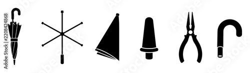 Umbrella parts and repair tools silhouette icons displaying canopy fabric rib frame crook handle ferrule and pliers for maintenance service and restoration concepts