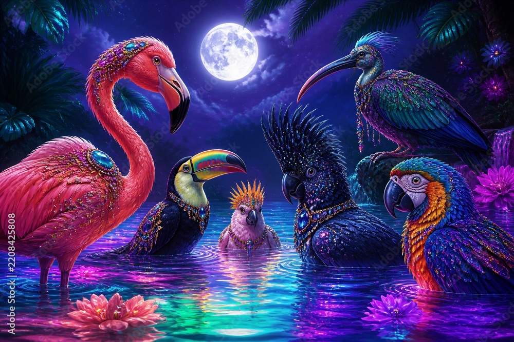 Obraz premium Flamingo and exotic parrots swimming together in moonlit lagoon