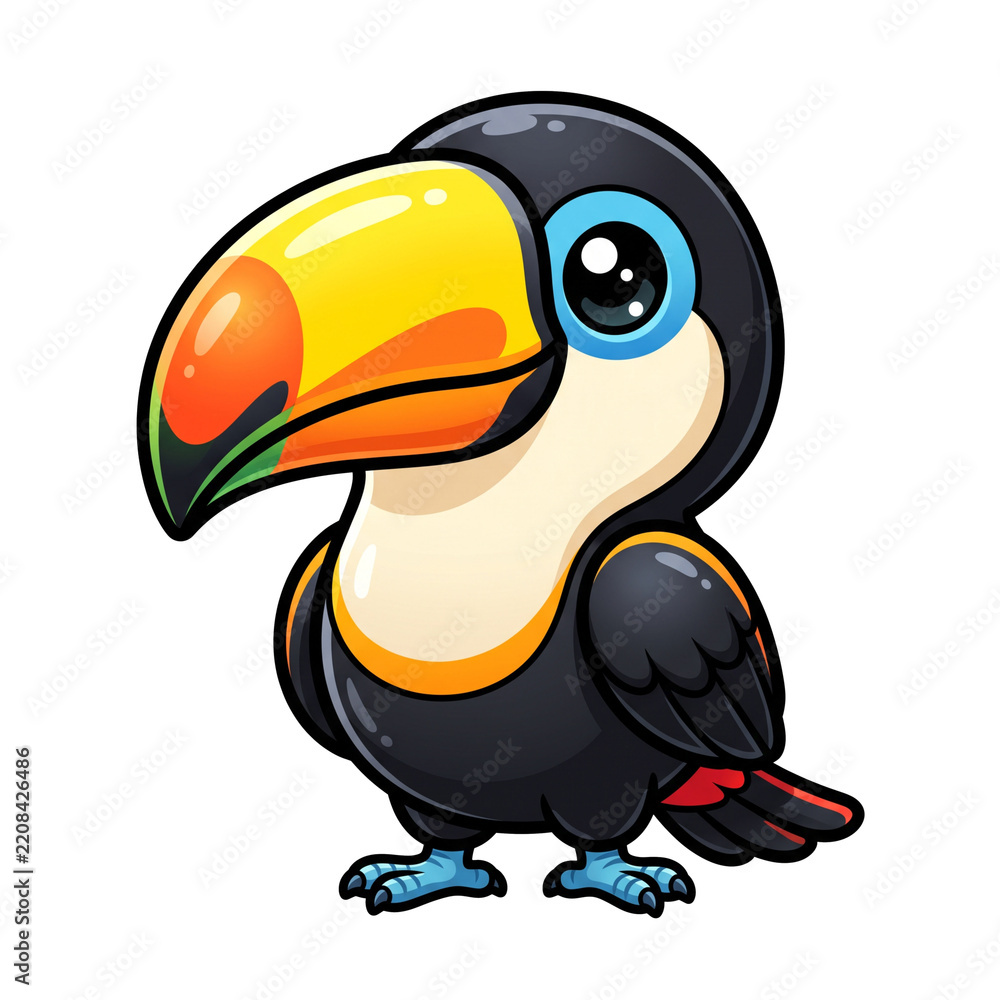 Obraz premium Chubby Toucan: An adorable cartoon toucan with a large, colorful beak and bright blue eyes. This charming bird is depicted in a cute, stylized manner, perfect for adding a playful touch to any design.