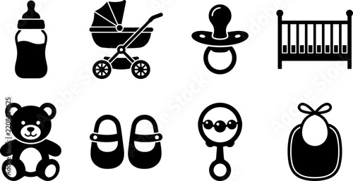 Black silhouette icons illustrate essential baby items such as a feeding bottle a baby stroller a pacifier a crib a teddy bear and baby booties