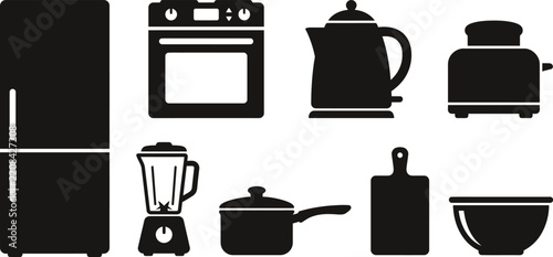 Black silhouette icons representing common kitchen appliances including a refrigerator oven kettle and toaster