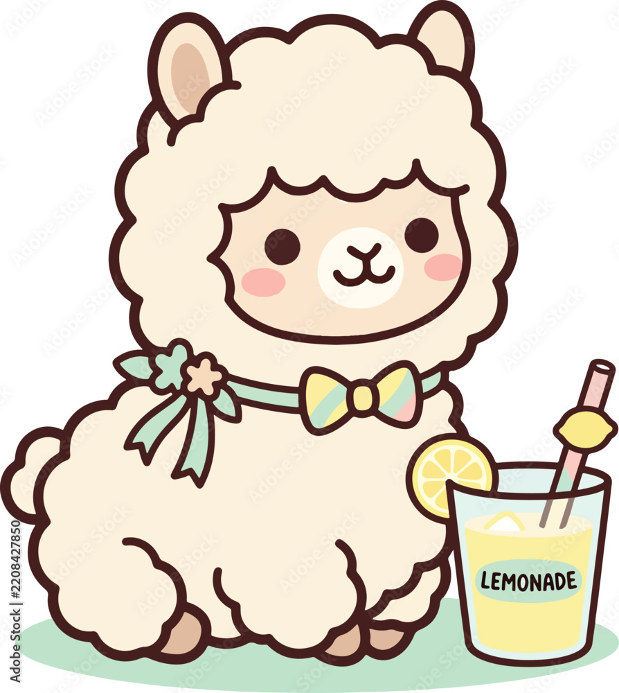 Obraz premium Cute kawaii fluffy alpaca sitting next to a glass of cold lemonade sticker illustration with kawaii llama summer drink character vector cute animal bow tie lemon slice cute mammal