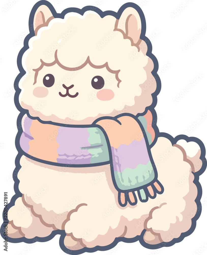 Obraz premium Cute kawaii fluffy alpaca wearing pastel rainbow knitted winter scarf sticker illustration with kawaii llama cute animal cozy alpaca llama clipart adorable alpaca cartoon alpaca